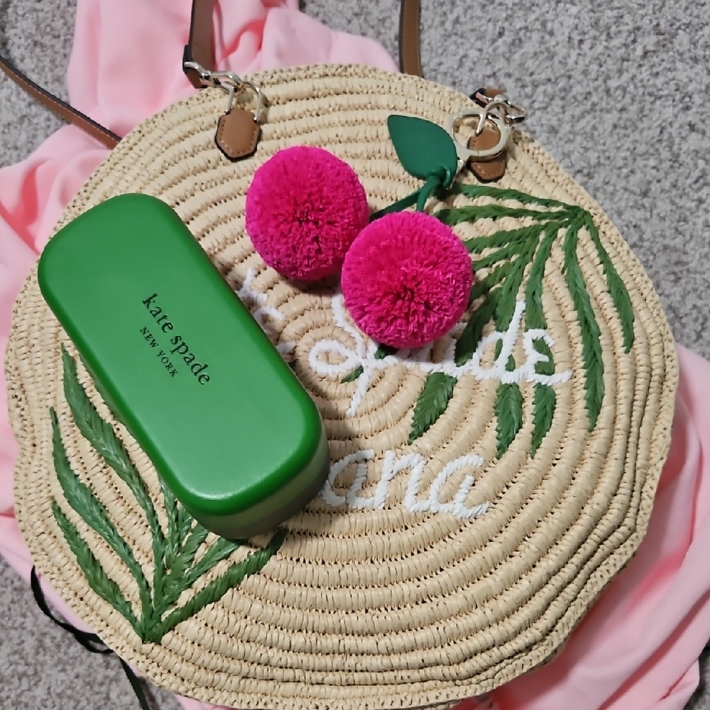 Kate Spade Straw Shoulder Bag with Green and Pink Accents and sunglasses & case